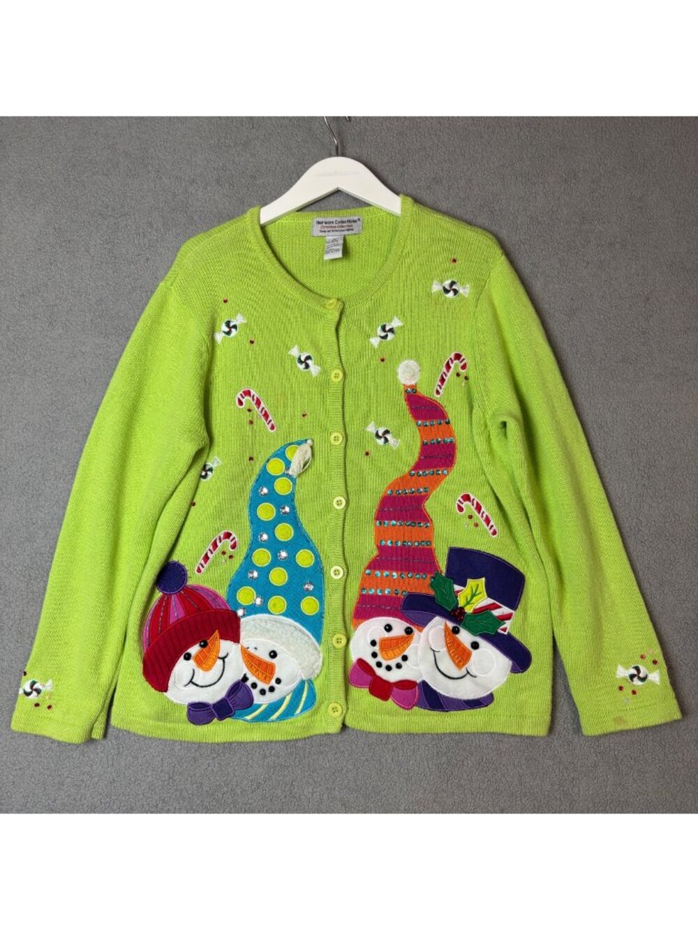 Heirloom Collectibles Snowman Christmas Cardigan Sweater Green Embellished XL